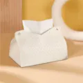 White woven leather tissue box for home decor, modern aesthetic desktop napkin organizer. - 19*12*14 cm / Off White