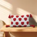 Red heart tufted tassel throw pillow, white rectangular cushion for sofa, bed, or office decor. - 18x18 Inch / Style 3