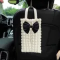 Car tissue box, hanging back seat organizer with puff grid design and elegant black bow decor. - Style 4 / 40*14*1cm