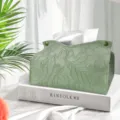 Nordic style green embossed leather tissue box holder, elegant floral pattern for home decor. - 14*19*12 cm / Yellow-Green