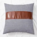 Close-up detail of the American style throw pillow featuring black white stripes and brown leather. - 45*45 cm Pillowcase (Insert Not Included) / Blue