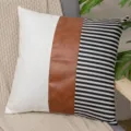 Modern leather patchwork pillow cover featuring white, brown faux leather and stripes. - Style 7