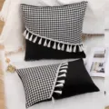 Black and white houndstooth decorative throw pillow cover with elegant tassel lace trim for sofa. - Style 6