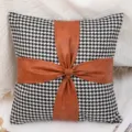 Black and white houndstooth throw pillow cover with brown faux leather bow accent main view - 45/43x45/43 cm (Pillowcase) / Style 2