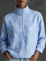 Light blue stand collar floral embroidered long sleeve top detail view showcasing exquisite texture. - S / Sky Blue