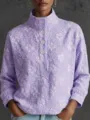 Close-up detail of a lavender stand collar half-placket floral embroidered long sleeve top. - S / Purple