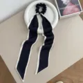 Black white long ribbon hair scrunchie elegant bow ponytail holder hair accessories for women - Black