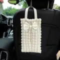 Beige puff grid car tissue box with elegant bow, hanging seat back storage interior decor. - Style 5 / 40*14*1cm
