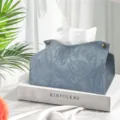 Nordic faux leather tissue box cover, blue embossed leaf pattern, stylish living room decor. - 14*19*12 cm / Teal