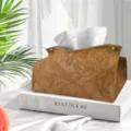Embossed leather tissue box Nordic vintage floral napkin holder for living room decor. - 14*19*12 cm / Camel