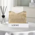 Gold woven leather tissue box with chic V-cut opening and metal snap buttons for home decor. - Customizable / Gold