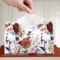 Decorative leather tissue box with vibrant floral and hummingbird print for home decor. - Birdsong and Fragrant Flowers