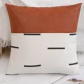 Decorative square throw pillow cover featuring brown faux leather and printed canvas design. - Style 9