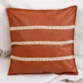 Brown leather cushion cover with beige lace stripes, modern decorative pillowcase for sofa. - Style 10