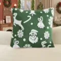 Green Christmas plush pillow cover with snowflake and elk jacquard design for sofa cushion. - Green (Christmas Tree + Elk)