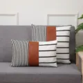 Modern leather patchwork throw pillow cover set, black and white striped decorative sofa cushion. - Style 11