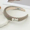 Serre-tête à carreaux vert et marron pour femme, cerceau de cheveux en tissu élégant avec perle. - Serre-tête Carreau