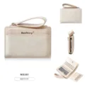 Women short color-block wallet with wrist strap, multiple card slots and zipper coin purse. - Apricot