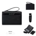 Women's short black wallet with zipper coin pocket, multiple card slots and hand strap. - Black