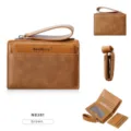 Women's short brown wallet with multi-card slots, zipper coin pocket and hand strap. - Brown