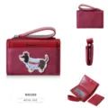 Red short wallet with cute dog embroidery, multi-card slots and zipper coin pocket. - Burgundy