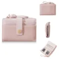 Pink women short wallet two-fold multi-card slot color-block coin purse with zipper and strap. - Light Pink