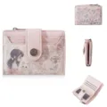 Pink short women wallet with cute cartoon girl cat print multiple card slots zipper coin purse - Light Pink