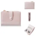 Women short wallet pink tweed PU leather card holder zipper coin purse cute compact purse - Color-Block Pink