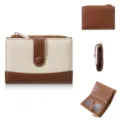 Women's short wallet contrast color card holder PU leather coin purse compact design - Apricot and Brown