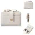 Women short PU leather bi-fold wallet card holder coin purse with wrist strap beige - Off White