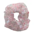 Close-up detail of the pink floral sheer scrunchie, lightweight soft fabric hair accessory. - Red Floral