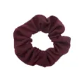 Burgundy fabric hair scrunchie detail shot, soft t-shirt material accessory for everyday wear. - Burgundy