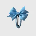 Close-up detail of light blue grosgrain ribbon bow hair clip with secure metal snap design. - 7#