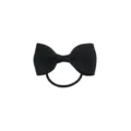 Close-up detail of a simple black grosgrain ribbon bow hair tie for kids, sleek style. - Size 12