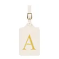 Étiquette de bagage en cuir crème avec lettre brodée dorée et boucle en métal pour voyage. - Lettre A / Blanc Cassé