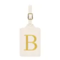 Etiquette de bagage en cuir PU beige avec lettre B brodée dorée et boucle métallique voyage. - Lettre B / Blanc Cassé