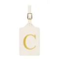 Étiquette de bagage en cuir beige avec lettre C brodée dorée et sangle à boucle. - Lettre C / Blanc Cassé