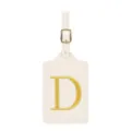 Étiquette de bagage monogramme avec lettre D brodée en or, porte-adresse en cuir PU résistant. - Lettre D / Blanc Cassé
