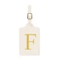 Élégante étiquette de bagage beige avec lettre F brodée en or et boucle métallique. - Lettre F / Blanc Cassé