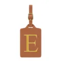 Étiquette de bagage en cuir PU marron avec lettre E dorée brodée pour valises de voyage. - Lettre E