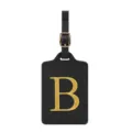 Dettaglio etichetta bagaglio in pelle PU nera, elegante lettera B ricamata e fibbia. - Lettera B / Nero