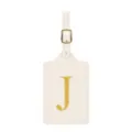 Étiquette de bagage en cuir beige avec lettre J brodée dorée et une boucle en métal. - Lettre J / Blanc Cassé