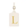 Élégante étiquette de bagage en cuir beige avec une lettre L brodée d'or pour vos voyages. - Lettre L / Blanc Cassé