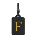 Schwarzes Gepäckschild aus PU-Leder mit goldener gestickter Buchstabe F und Schnalle. - Buchstabe F / Schwarz