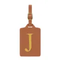 Étiquette de bagage élégante en cuir PU marron avec lettre brodée dorée et boucle métallique. - Lettre J