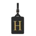 Nahaufnahme des schwarzen PU-Leder-Gepäckanhängers mit elegantem goldem Monogramm-Buchstaben H. - Buchstabe H / Schwarz