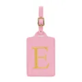 Etichetta per valigia in pelle PU rosa con lettera E ricamata in oro e fibbia viaggio. - Rosa E