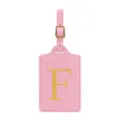 Etichetta bagaglio in pelle PU rosa con lettera F ricamata dorata, porta nome da viaggio elegante. - F Rosa
