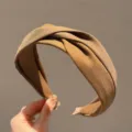 Retro wide fabric headband with twist knot design, solid khaki color hair hoop for women. - Coffee (Contrast Color)