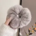 Grey fluffy faux fur hair scrunchie, soft winter plush hair tie for women and girls. - Gray